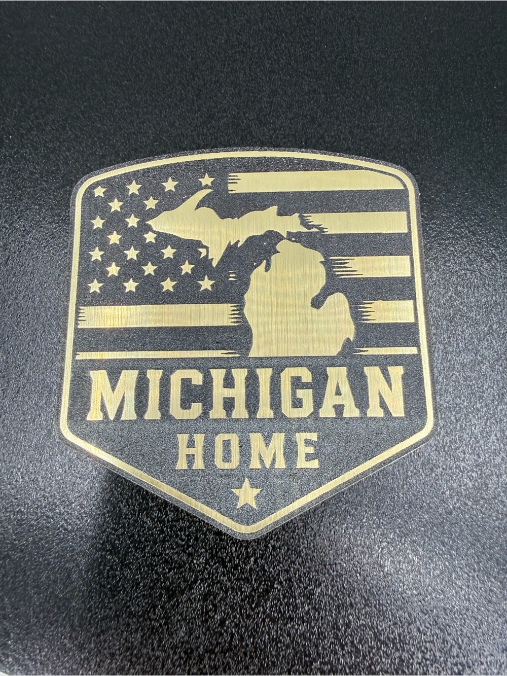 Laser Cut Michigan Home Emblem Sticker | Gold & Black Metallic Badge